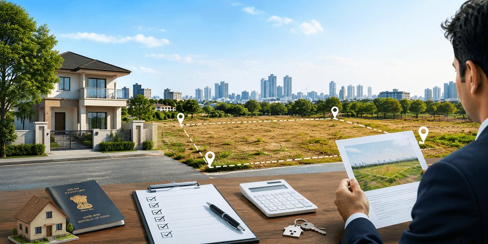 NRI reviewing vacant land property tax compliance, legal documents, and tax rebate information for land ownership in India.